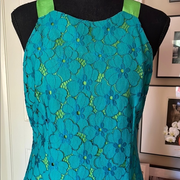 Vibrant Blue and Green Halter Midi Dress for Cocktail Events - Picture 7 of 16